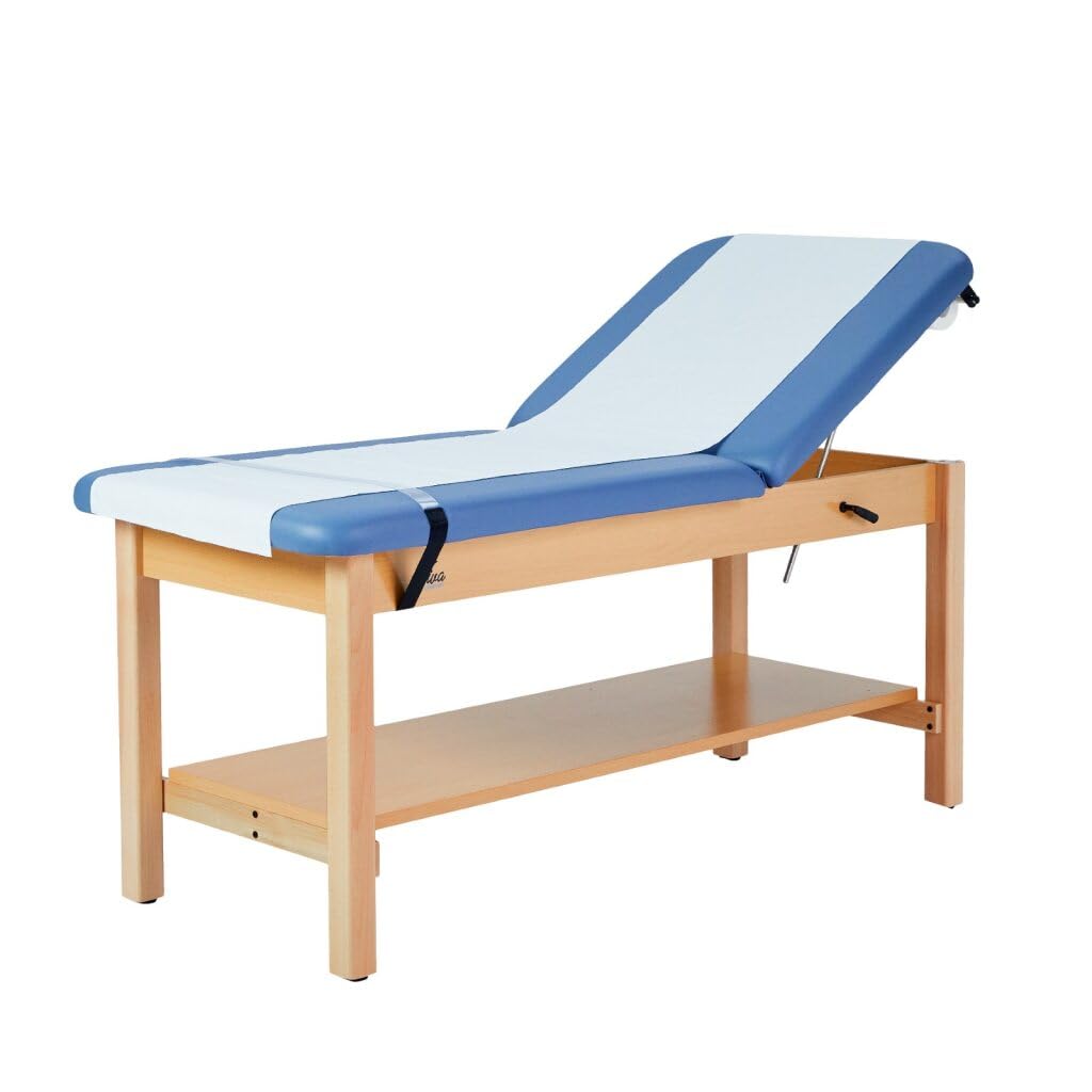 Vivacomfort Aristo H-Brace Tilted Treatment Table with Shelf and Cabinet, 500 lbs Weight Capacity, Blue