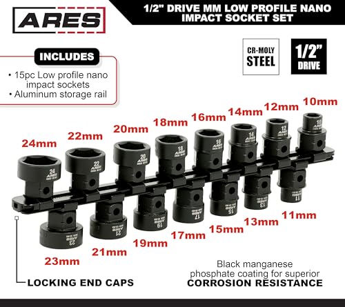 image for ARES 29020 – 15-Piece 1/2-Inch Drive Metric Low Profile Nano Impact 