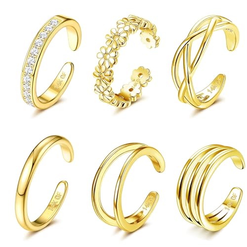 FIOROYAL 6 Stück 14K Gold Gefüllte Zehenring Verstellbare Zehenringe Set für Damen...