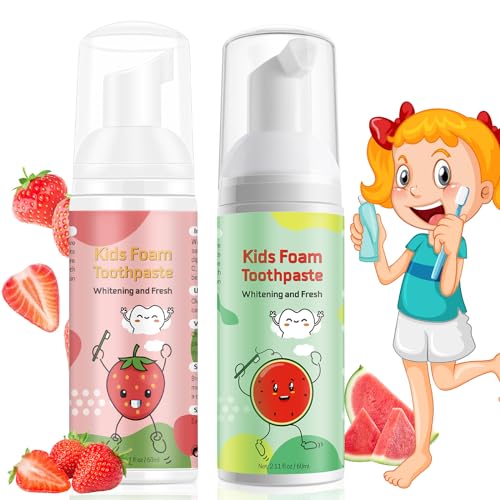 Foam Toothpaste Kids Toddler Toothpaste with Low Fluoride Kids Toothpaste Foam Toothpaste for Children Ages 3 Plus (2PCS Watermelon+Strawberry)