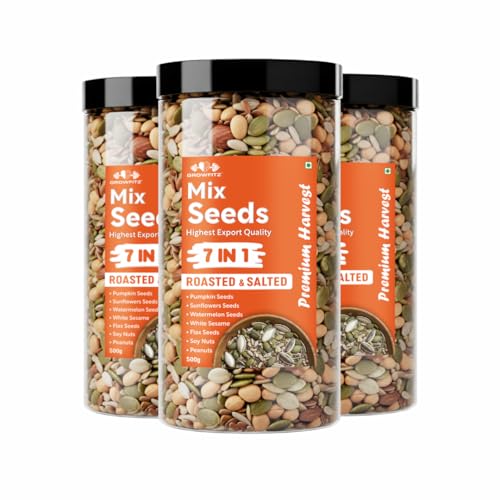 Image of Growfitz 7-in-1 Super Seed Mix | Pack of 3 (500g Each)| 24.4g High Protein & Fiber | Roasted & Salted Pumpkin, Sunflower, Flax, Chia, Soy Nuts & Sesame | Healthy Snack |
