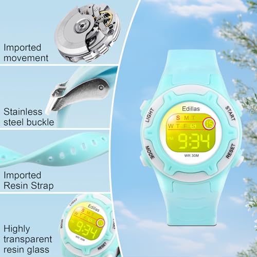 edillas kids watches digital girls boys7 colors light wrist watch for child waterproof sport outdoor multifunctional watches with stopwatchalarm for ages 4-15