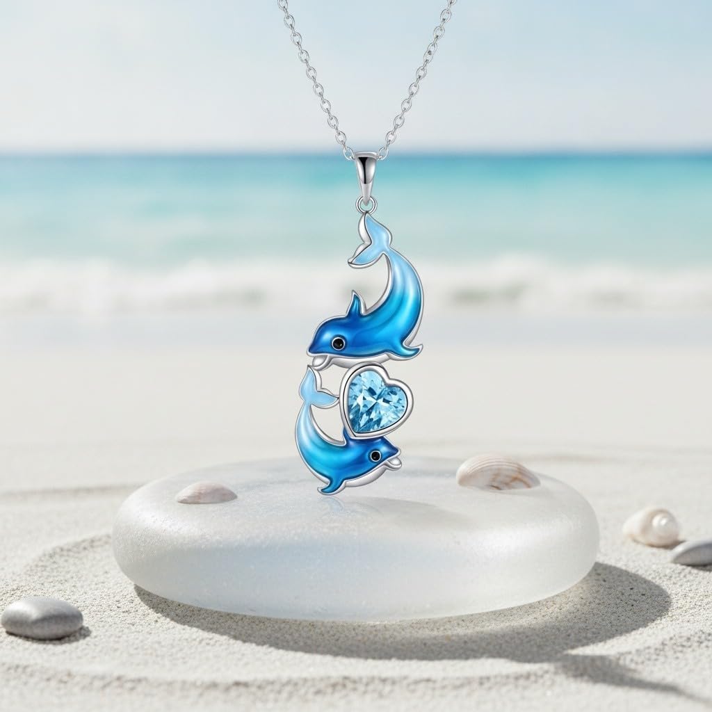 Dolphin Necklace 925 Sterling Silver Blue Dolphin Starfish Jewelry for women image 2