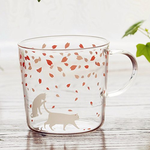 Sakura Glass Mug with Handle,Cute Cat Printed Borosilicate Glass Cup Chocolate Pudding Cup-Perfect