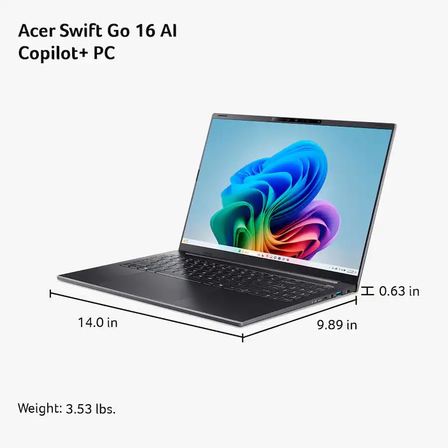 Image of Acer Swift Go 16 AI Copilot+PC Laptop, 16 inch WUXGA 120Hz Touchscreen, AMD Ryzen AI 9 465 (10-core, Up to 50 Tops), 32GB RAM, 2TB SSD, Windows 11, Wi-Fi 7,Backlit KB, Black, TWE Accessories