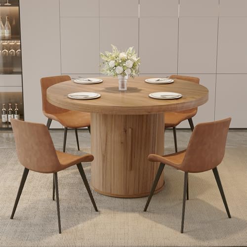 Image of HIPIHOM 5-Piece Dining Set for Small Spaces 43.3 inch Round Table & 4 PU Leather Chairs, Modern Farmhouse with Storage Shelf, Apartment Kitchen Easy Assembly (Walnut Color Round Table + 4 Brown Chairs)