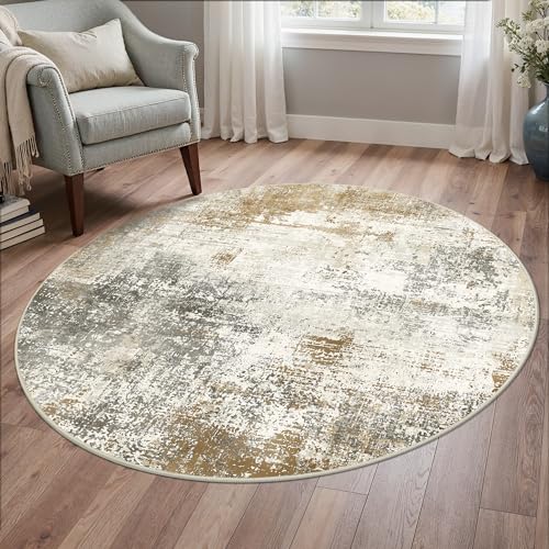 BEIMO Tapis Moderne 135cm Rond à Motif Abstrait Or - Antidérapant et Lavable en Machine - Poils Courts - pour Salon, Chambre ou Bureau - Épaisseur 0.6 cm