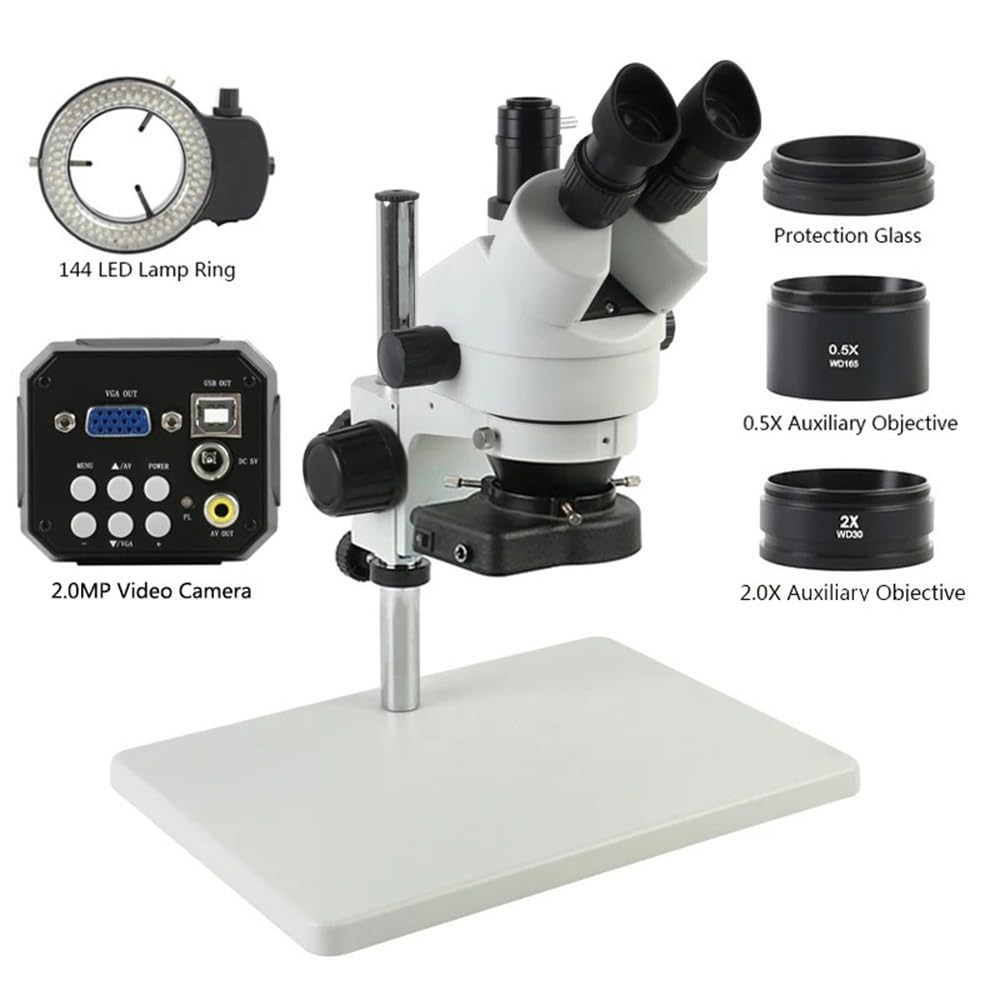 Kit de Accesorios para microscopio Microscopio estereoscópico trinocular Aumento de Zoom Continuo de 3,5X a 90X + Cámara de Video VGA USB AV + Luz LED(Un microscopio Blanco)