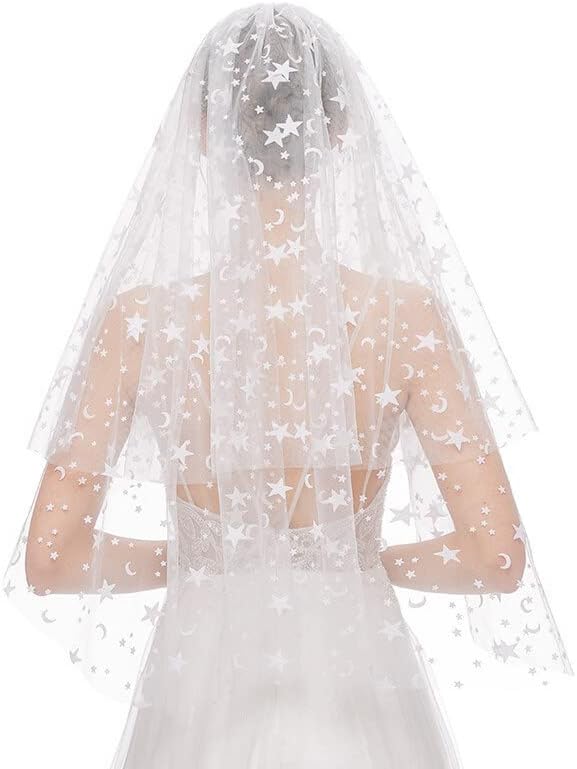 Velo de novia con estrellas y luna, velos cortos para novias, velos de novia de tul suave para decoración de despedida de soltera