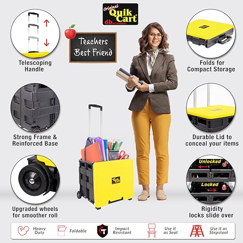 Image of dbest products Quik Cart Collapsible Rolling Crate on Wheels for Teachers Tote Basket 80 lbs Capacity, Made from Heavy Duty Plastic and Used as a Seat, Canary, Yellow