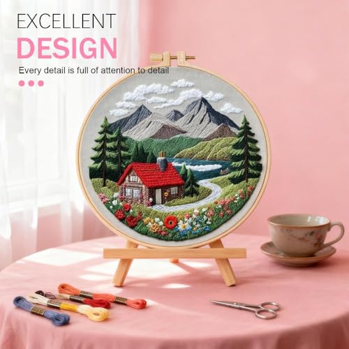 Image of Huacan 1pc House Embroidery Kits for Beginners Mountains River Landscape Small Cross Stitch Kits Ideal for Crafting Art & Gifts
