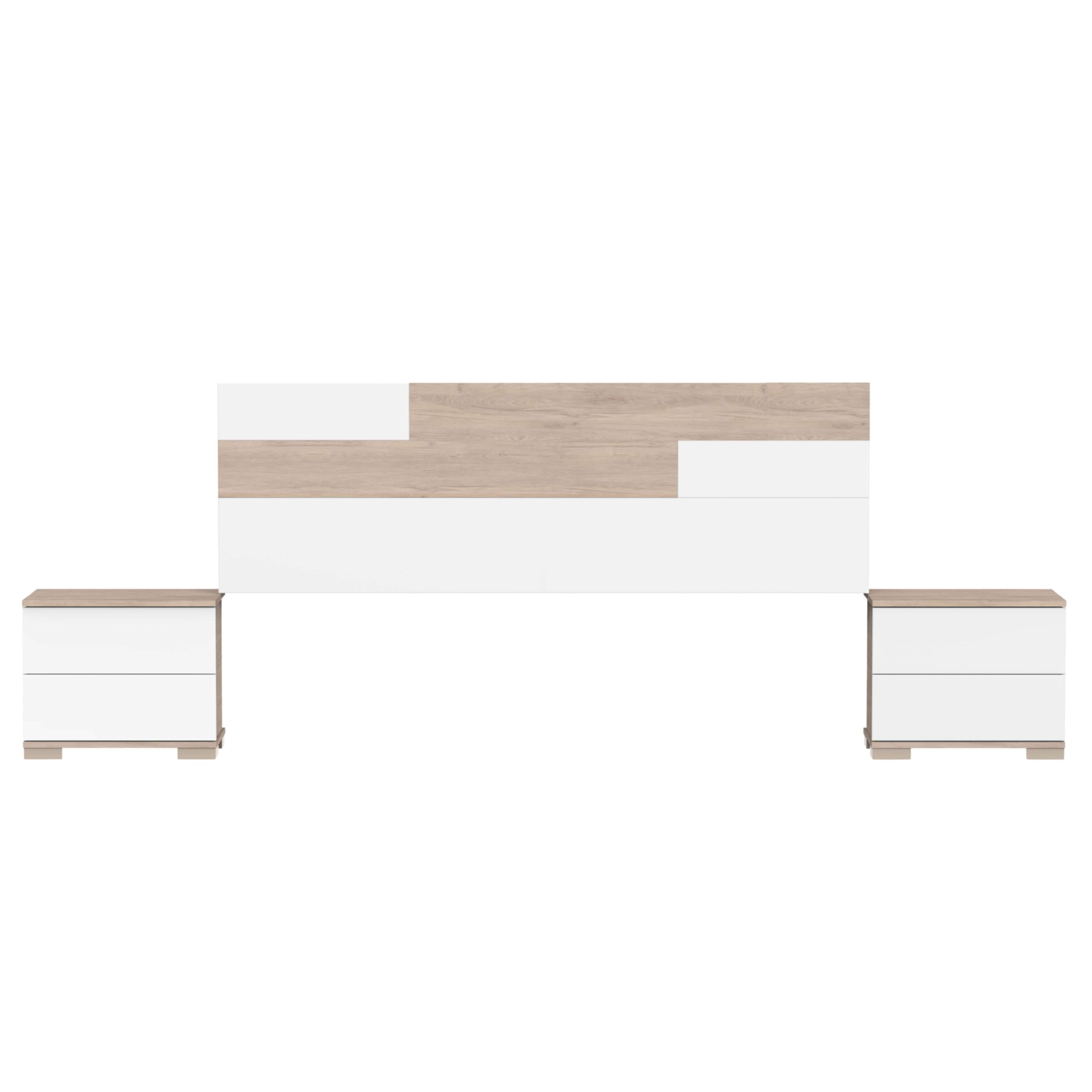 MUEBLES PITARCH | Conjunto Pack Cabecero y 2 Mesitas de Noche, Incluye Herrajes para Colgar, Guías metálicas, Blanco y Roble Aurora, Dormitorio Doble de Matrimonio, para Cama 150, Modelo Erika