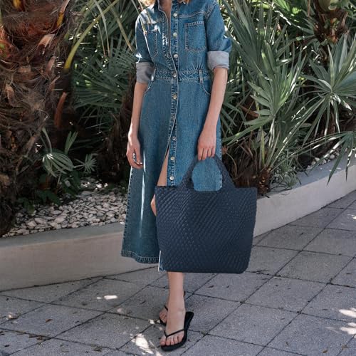 Image of Women's Vegan Leather Tote Bag - Handmade Woven Beach Bag, Travel Handbag with Purse & Top Handle Hobo Tote(Navy blue)
