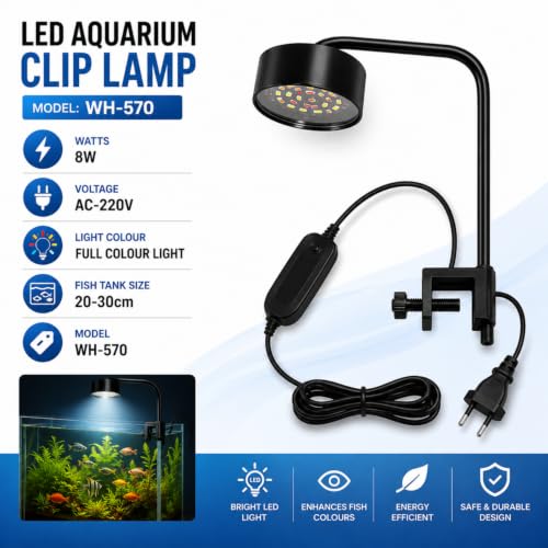Image of VAYINATO WH-570 Aquarium LED Clip Light 8W | White LED Aquarium Lamp for Fish Tanks Upto 2 Feet | AC 220V Energy Efficient Lighting | Easy Clip-On Design for Nano Tanks Aquariums