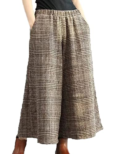 Flygo Womens Spring Fall Fashion Retro Loose Plaid Wool Blend Wide Leg Cropped Pants Culottes2