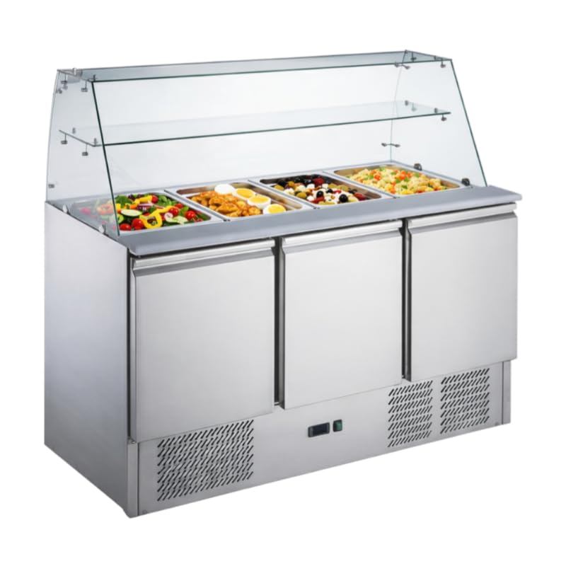 Générique Saladette refrigerata professionale a 3 ante con vetrina destra e ripiano - 368 litri