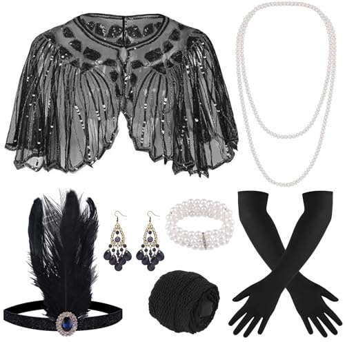 ELFIN 9-teiliges 1920er Flapper Great Gatsby Accessoires-Set Fashion Roaring 20's Theme Set mit Stirnband, Kopfbedeckung, langen schwarzen...