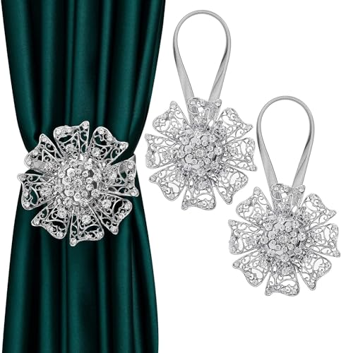 Image of PINKPARI (Label) Magnetic Creative Diamond Curtain Tiebacks, 2 Pcs. Magnetic Spring Curtain Tie Back, Decorative Curtain Tiebacks for Home, Office, Hotel (Silver U Shape Diamond, 399)