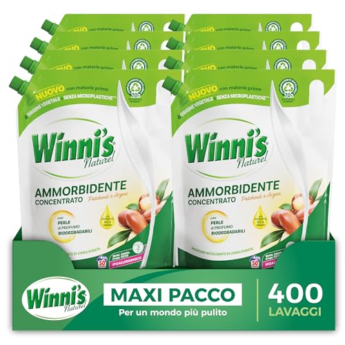Winni's - Suavizante concentrado hipoalergénico Ecoformat, 400 lavados, aroma a pachulí y argán, con perlas aromáticas biodegradables, 1250 ml x 8 paquetes