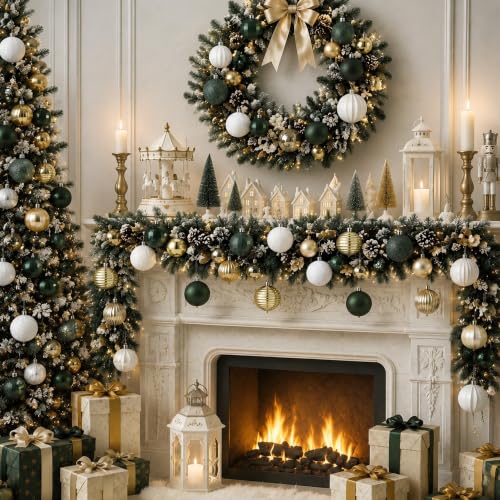 Image of Lunmon 64 Pcs Christmas Ball Ornaments Emerald Green Champagne Gold White