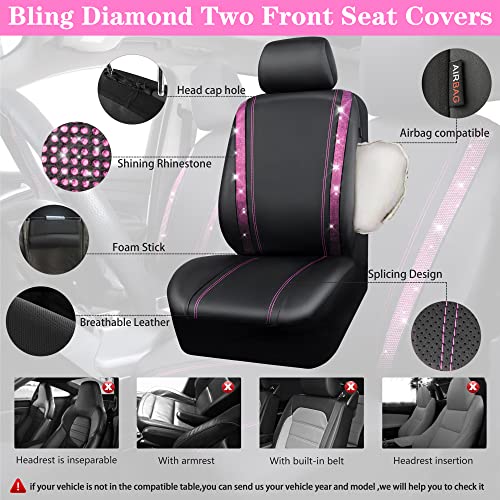 Image of CAR PASS Bling Diamond Car Seat Covers Full Set, Shining Rhinestone Waterproof Faux Leather, Rear with Zipper, Universal Fit Automotive Glitter Crystal Sparkle Strips for Women Girl, Black Pink