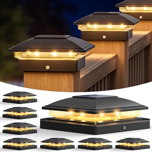 VOLISUN Solar Post Lights 8 Pack 2 Lighting Modes Solar Post Cap Lights Outdoor IP64 Waterproof Fence Post Lights Solar Powered for 5×5 4×4 3.5×3.5 inch Wood/Vinyl Garden Posts Deck Patio(Black)