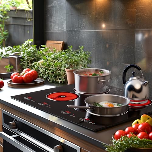 Image of ADVWIN Electric Cooktop, 4 Burner Electric Stove Top，24 Inch Built-in 6000W Ceramic Cooktop with 4H Timer, Kid Safety Lock and Knob Control, 9 Heating Level,220v(no plug) (4 burners)