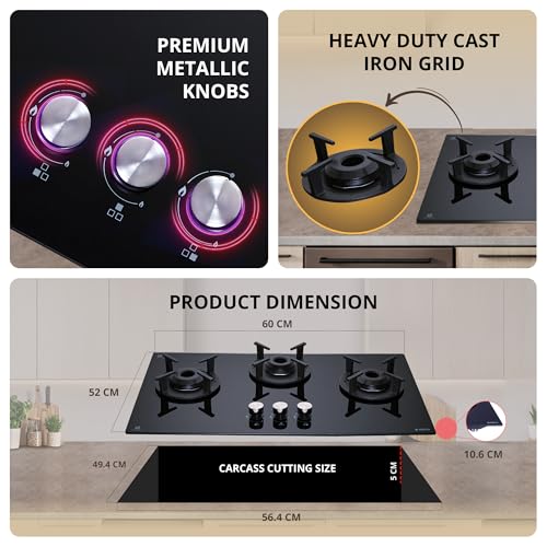 Image of Elica 60cm 3 Burner Auto Ignition Hob | RG FLEXI 360 LOTUS IND HD Brass | SABAF Brass Burners | Built-in & Freestanding | Toughened Black Glass | 10-Year Burner & 5-Year Glass Warranty