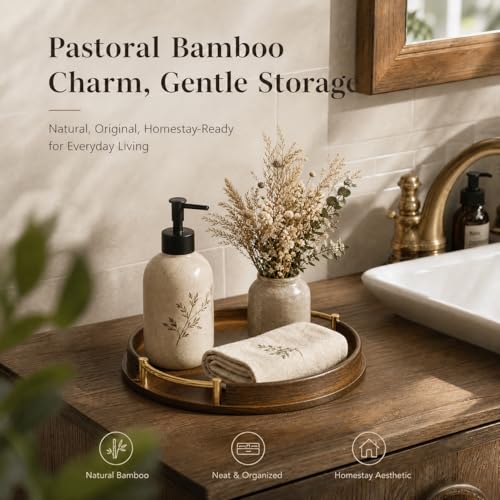 Bathroom Tray for Countertop Organizer,Vanity Tray with Gold Handle,Bamboo Tray for Bathroom Decor,Toilet Tank Tray, Multipurpose Organizer Rack for Lavatory, Bathroom,and Kitchen(Diameter 9.84") — view 3