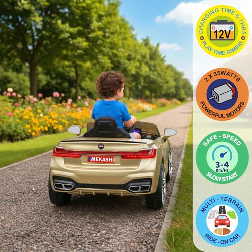 Image of MEKASHI Electric Ride-On Car for Kids 1-7 Years, 12V Battery, Remote Control, 5 Speed, LED Lights, Bluetooth, Metallic Gold
