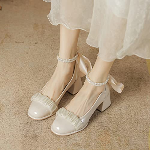 1 Pair Ribbon Pearl High Heels Ankle Straps with Self-Adhesive Heel Cushion Detachable Pearl Shoe Straps for Pumps Flats Stilettos Beige3