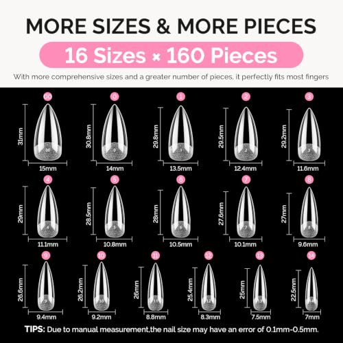 Image of MelodySusie Medium Stiletto X Nail Tips - 16 Sizes 160 Pcs | Pre-Shaped Soft Gel,Half Matte Full Cover Clear Acrylic Press on Nails for DIY Extension&Salon,Long-Lasting Manicure