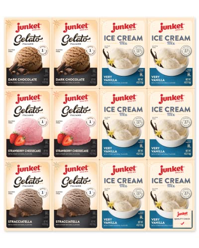 Junket Vanilla Ice Cream Mix And Gelato Mix Sampler Bundle: 6 Vanilla Ice Cream Mixes And 2 Stracciatella, 2 Dark Chocolate, 2 Strawberry Cheesecake Gelato Mixes. Quick And Easy! (Variety Pack Of 12) #TOP5