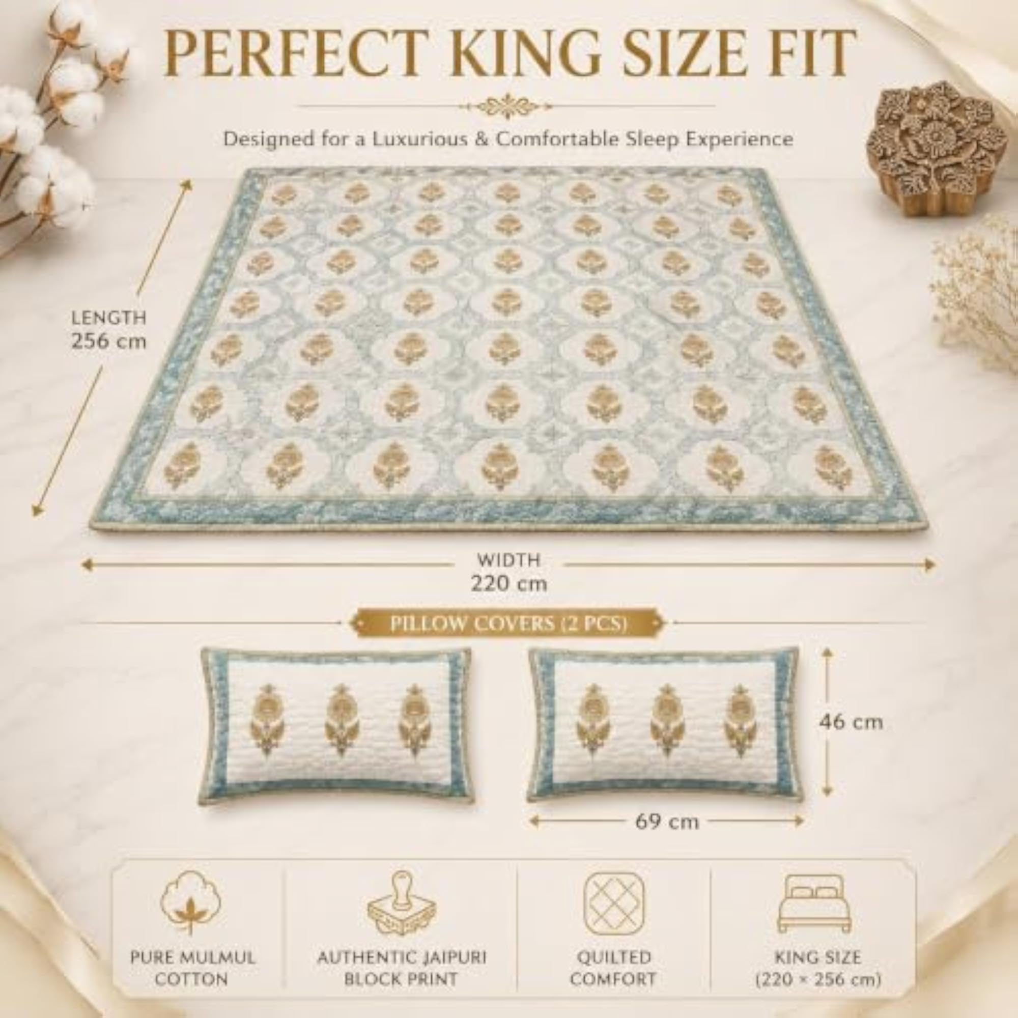 Pure Mulmul Cotton Quilted Bedcover Set with 2 Pillow Covers