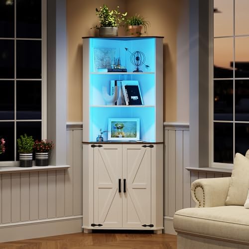 Amazon.com: TAGELIER Farmhouse Corner Cabinet with LED Light, 67" Tall ...