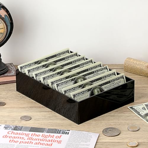 Hipiwe Cash Storage Tray Money Organizer for Cash with Removable Dividers Black Acrylic Mail Holder Desk Holder Cash Stuffing Tray for Envelop Mail Money, 8 Slots