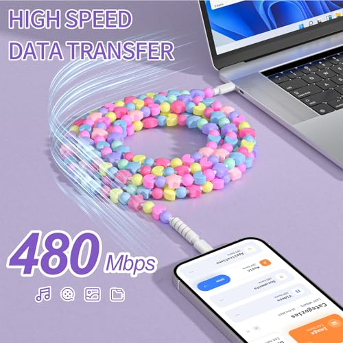 Image of VOFUOE USB C Cable for iPhone 17 Charging Cable Star Beads Charging Cord Extra Long 6.6FT Fast Charging USB C to Type C for Girls Women for iPhone 16 /15, for Galaxy S25, for iPad A16-Colorful