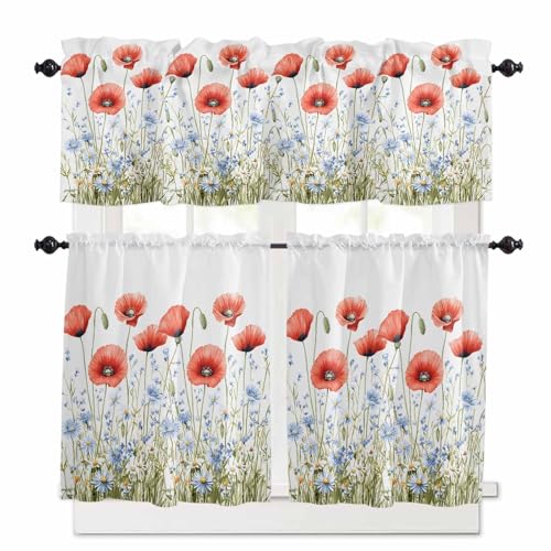4th of July Flower Kitchen Curtains 24 Inch Length,3 Piece Rod Pocket Small Half Tiers and Valance Set,Patriotic Red Blue Poppy Floral Daisy Small Large Window Treatment Decor for Bedroom/Bathroom