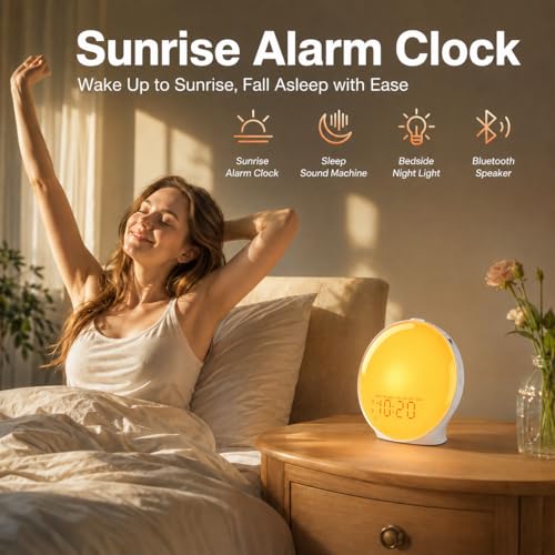 Image of JALL Full-Screen Wake Up Light Sunrise Alarm Clocks for Bedrooms, White Noise Machine for Heavy Sleepers, 25 Natural Sounds, Dual Alarms, FM Radio, 17 Dimmable Colors, Bluetooth Speaker, Metallic Gray