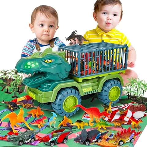 MewVeer Dinosaur Truck Toy,Tyrannosaurus Transport Car Carrier Truck with 15 Dino Figures, 4 Dinosaur Tanks, Activity Play Mat, Dinosaur Eggs, Dino Car Playset – Gifts for Kids, Boys, and Girls Cover