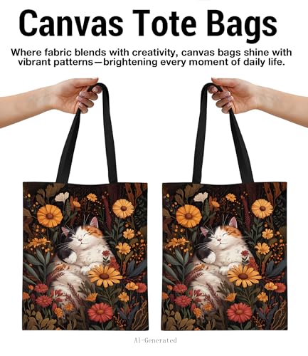 Image of Cute Cat Canvas Tote Bag for Women, Aesthetic Reusable Shoulder Bag for Shopping Travel Work