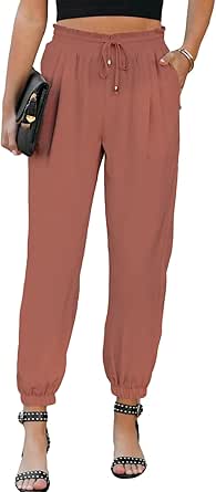 EVALESS Women's Casual Loose Drawstring Elastic High Waisted Linen Pants Comfy Trousers with Pockets