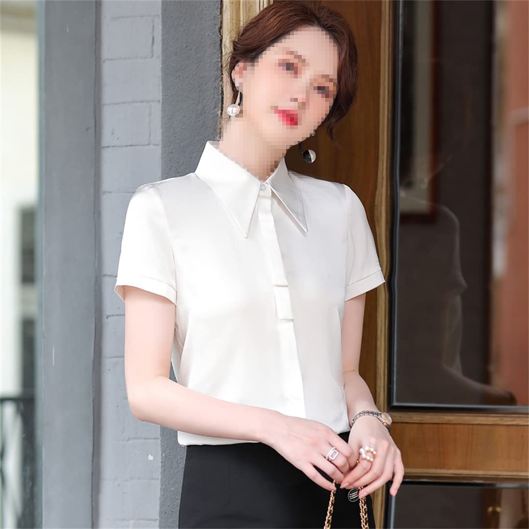 Camisa con Botones para Mujer Blusa de Negocios con Cuello en V de Manga Corta para el Trabajo Oficina Camisa de satén Formal de Verano