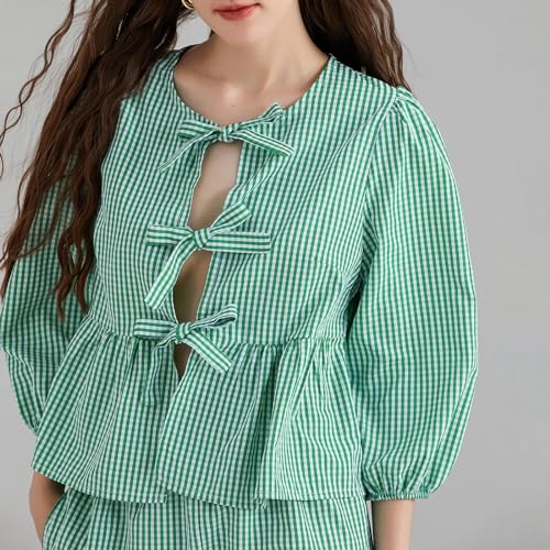 Image of Yuemengxuan Women Y2k Two Piece Plaid Lounge Sets Puff Sleeve Tie front Blouse Top High Waist Shorts Casual Pajamas Sets