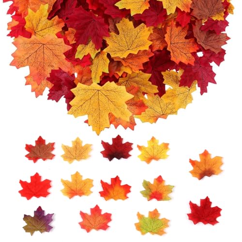 DUOJINSANXI 100Pcs Fake Fall Leaves 8cm/3.15inch Autumn Leaves Fall Party Decorations Maple Leaf Cutouts Decor Artificial Plastic Craft Autumn Decoration for Thanksgiving Party Weddings100