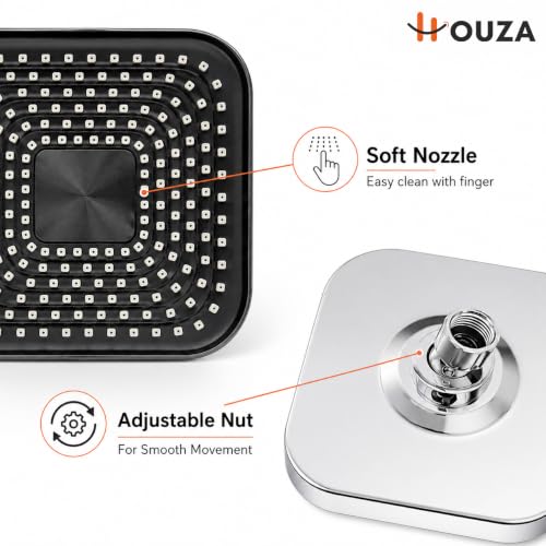 Image of HOUZA Square Shower Head for Bathroom | 4 Inch Single Flow Overhead Shower with Arm | Adjustable Bathroom Shower with Even Water Flow & Rust Resistant | Anti-Clog Silicone Nozzles for Wall Mounting
