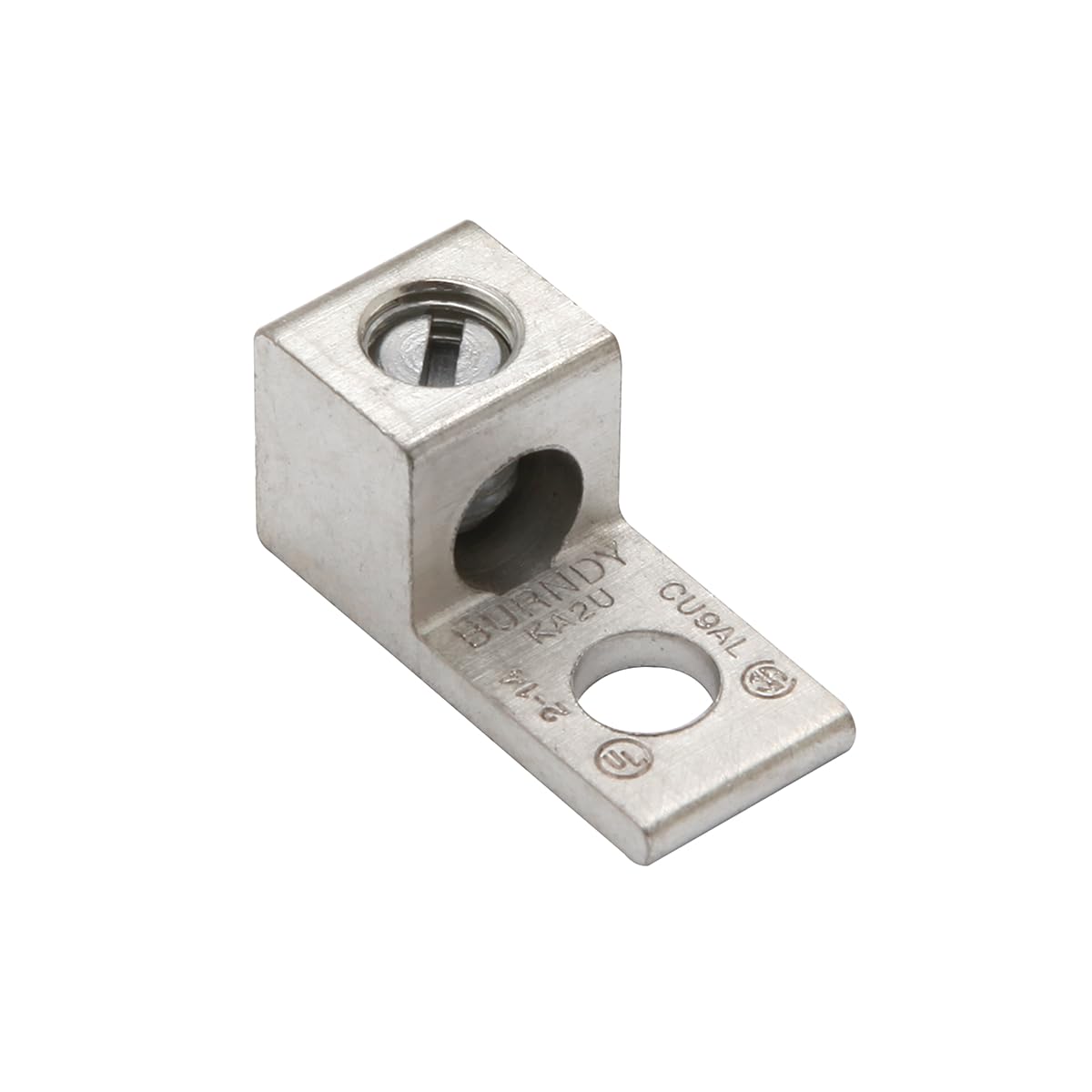 Burndy KA25U Universal Terminal, 14 Str. - 1/0 Str. Aluminum or Copper Wire Range, 1/4" Stud Hole, 0.63" Width, 1.50" Length, 0.80" Height, 0.19" Thick, 50lb Recommended Tightening Torque (Pack of 50)