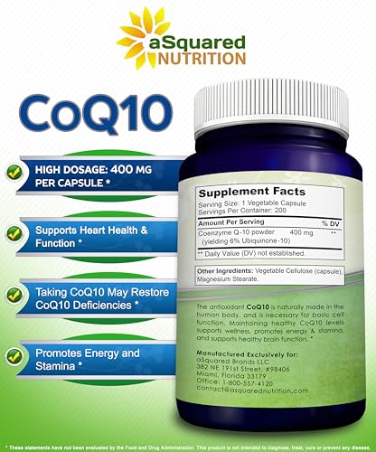 aSquared Nutrition CoQ10 (400mg Max Strength, 200 Capsules) - High Absorption Vegan Coenzyme Q10 Powder - Ubiquinone Supplement Pills, Extra Antioxidant CO Q-10 Enzyme Vitamin Tablets, Coq 10 400 mg - Image 6