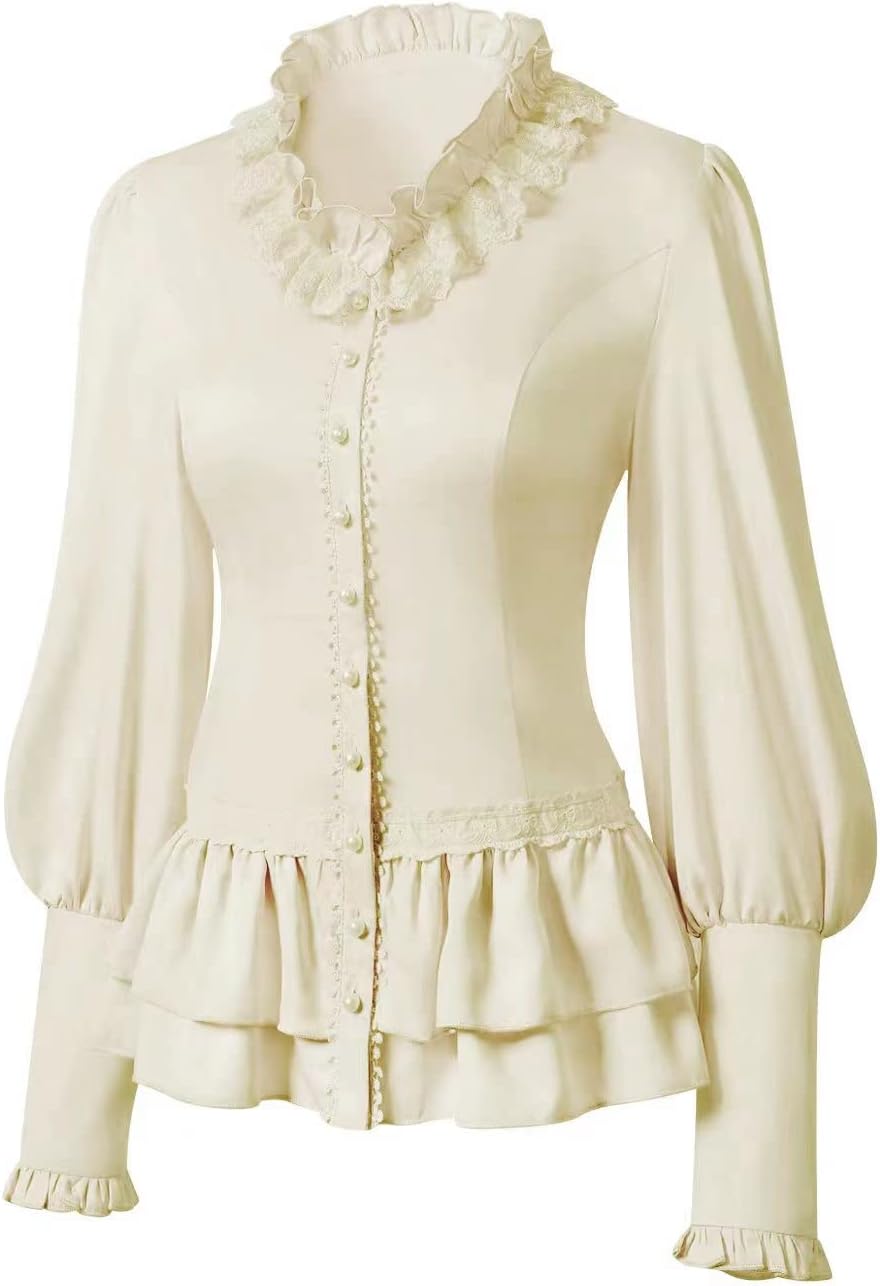Women Vintage Victorian Long Sleeve Corset Top Lace Ruffled Blouse Stand Collar Shirts
