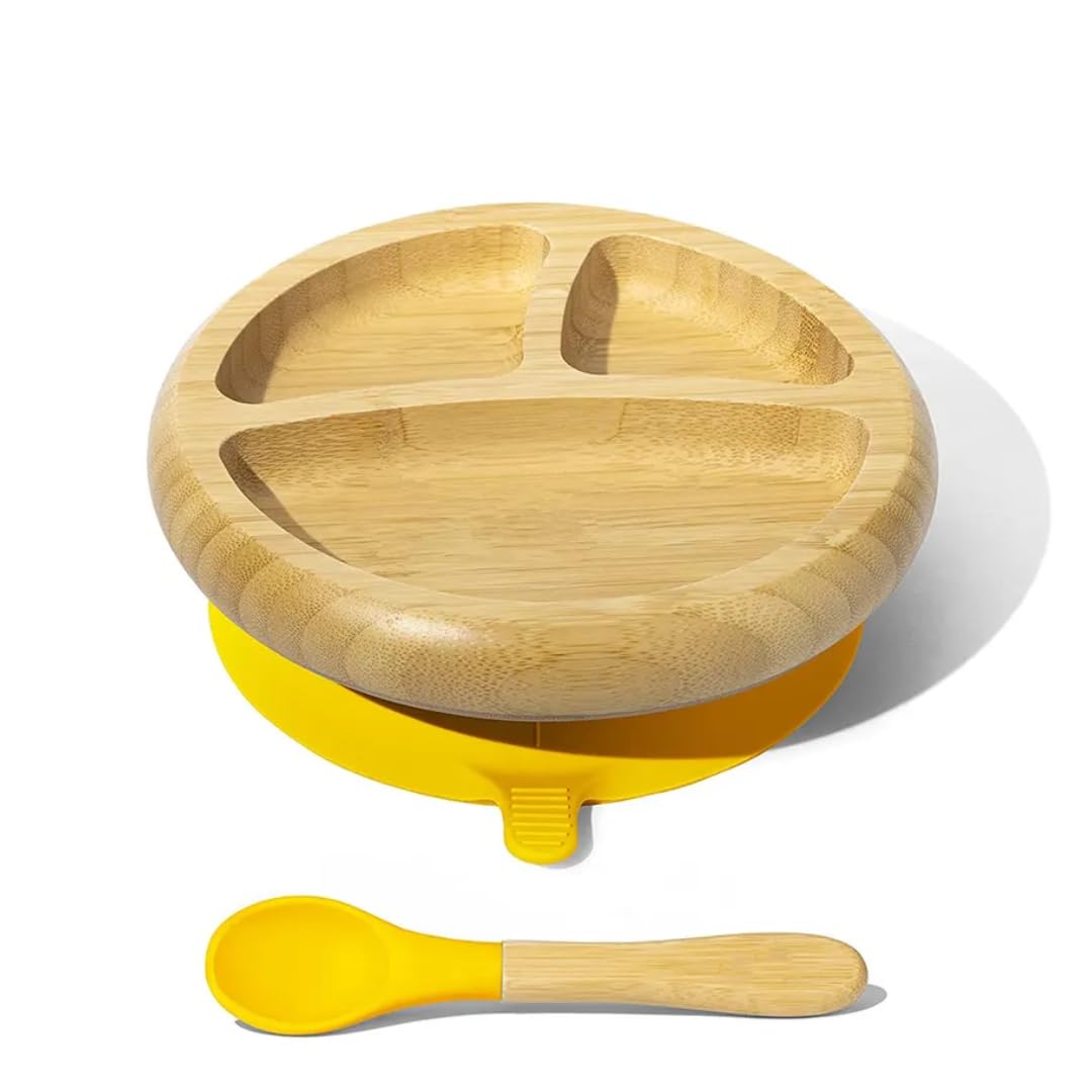 OBRIKKA Baby Bamboo Suction Plate+spoon For Toddler plate,Bamboo Plate, Bamboo Bowl Yellow,biodegradeable plate,kitchen,baby product,baby food